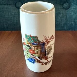 Vintage Japanese Ceramic Miniature Vase with Rickshaw Design
